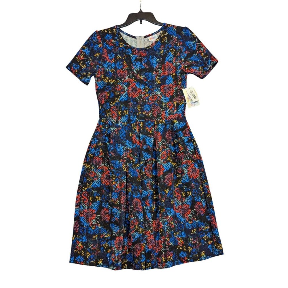 Lularoe Blue Red Colorful M Amelia Dress NWT Zip Pockets